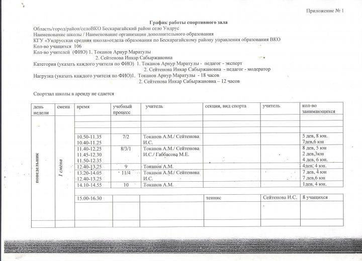 Спортзалдың жұмыс режимі 2021-2022 оқу жылы (қосымша№1)